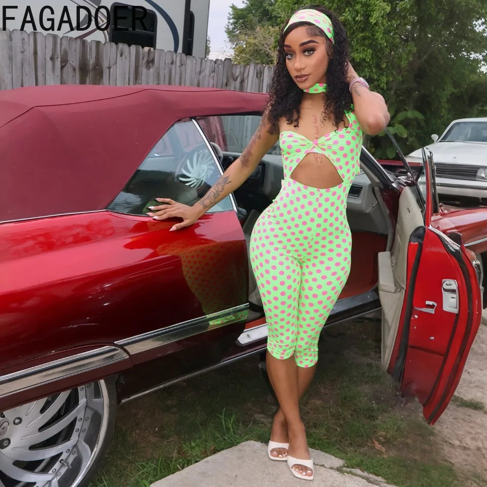 FAGADOER Vintage Fashion Polka Dot Print Bodycon Jumpsuits Woman Halter Deep V-neck Backless Rompers Female Streetwear Overalls
