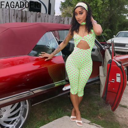 FAGADOER Vintage Fashion Polka Dot Print Bodycon Jumpsuits Woman Halter Deep V-neck Backless Rompers Female Streetwear Overalls