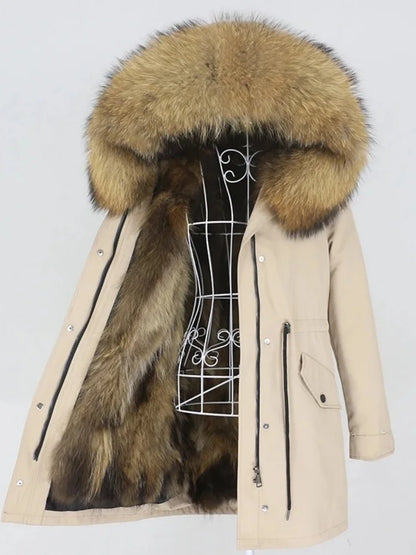 Real Fur Coat Winter Jacket Women Long Parka Waterproof Big Natural Raccoon Fur Collar Hood Thick Warm Real Fox Fur Liner coat