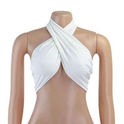 Women Strappy Cross Over Front Cut Out Halter Neck Sleeveless Backless Wrap Crop Top Bandage Vest Summer Sexy Tops Woman Clothes