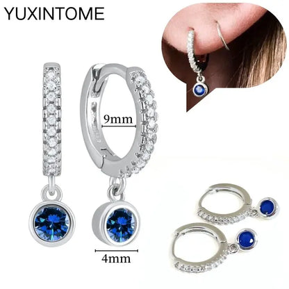 925 Sterling Silver Needle Dark Blue Crystal Silver Earrings Women's Exquisite Heart Blue Pendant Hoop Earrings Luxury Jewelry