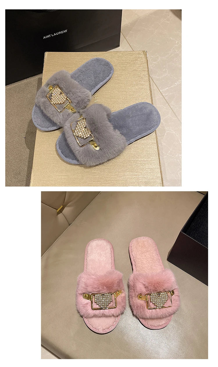 Love Chain Fluffy Women's Slippers Home Fashion Luxury Designer Shoes Woman Autumn Winter Faux Fuzzy Fur Slides Indoor Elegant