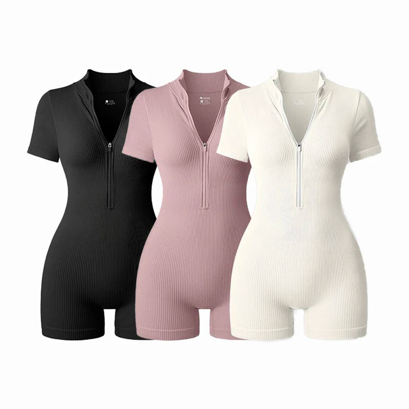 2025 Yoga Jumpsuit Summer Short Sleeve Zipper Sports Wear Gym Fitness Sports Bodysuits Women Fashion Running Yoga Fitness Suit