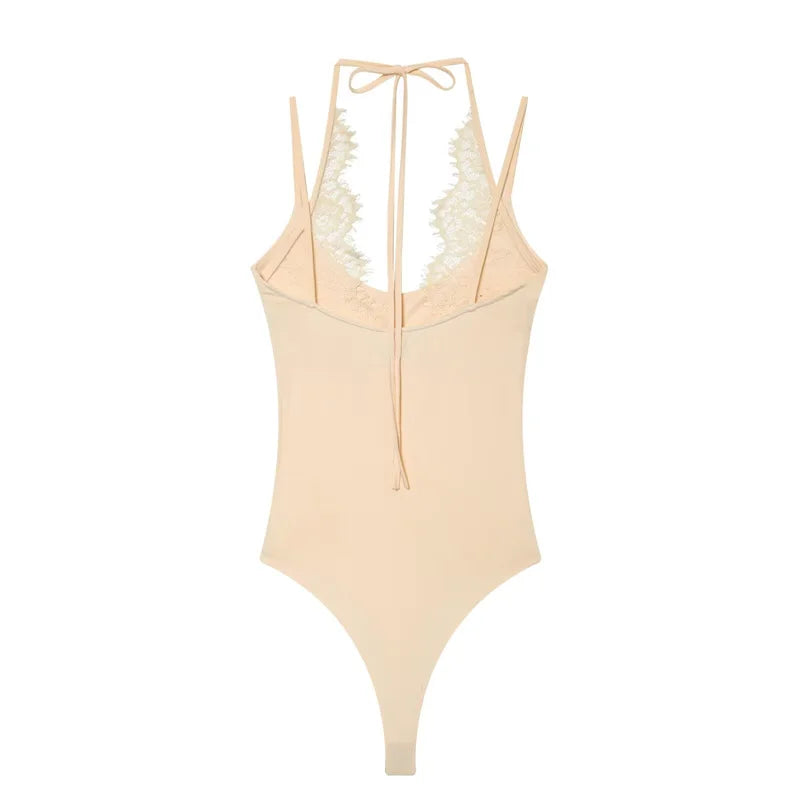 Women's Bodysuit 2026 New Fashion Summer Black Spliced Lace Bodysuit for Women Elegant Chic Personality Spaghetti Strap Bodysuit