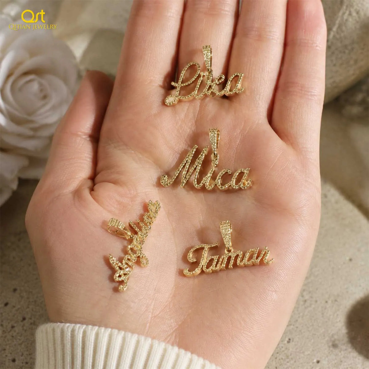 Qitian Customized Cursive Name Pendant Moissanite Iced Out Personalized Name Necklace Gold Plated Custom Pendant Gift For Women