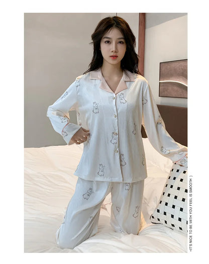 Women's Ice Silk Pajama Set Long Sleeve Long Pants Lightweight Sleepwear for Spring And Autumn Comfortable Homewear Pj Set