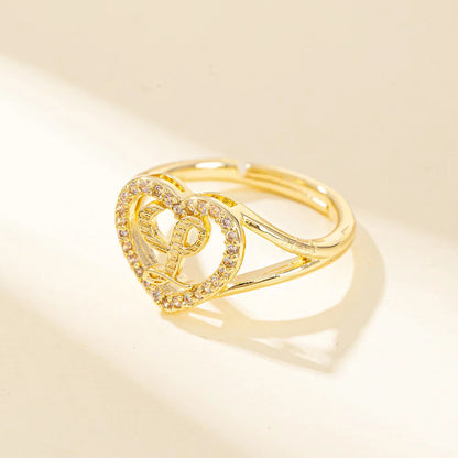 White Zircon 26 Letters A-Z Love Heart Open Adjustable Rings For Women Gold Silver Color Wedding Band Jewelry Mother's Day Gifts