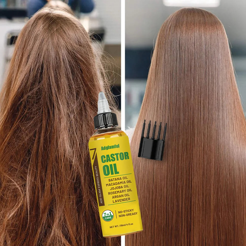 7-in-1 Hair Oil 118ml No-Rinse Set (Oil + Comb) – Castor, Rosemary & Lavender for Split Ends, Shine & Frizz Control