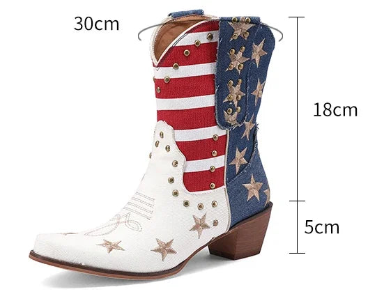 Western Women Cowboy Ankle Boots Denim Embroidery Star Rivet Warped Pointed Toe High Heels American Cowgirl Vintage Short Boots
