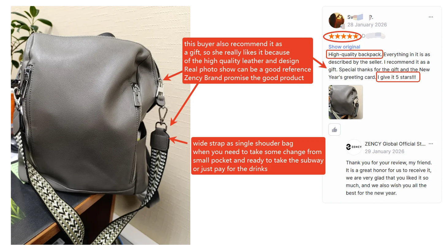 Zency Fashion Genuine Leather Backpack Knapsack Multi-pocket Day Pack Travel Convertible Shoulder Bag for Fall Winter Commuter