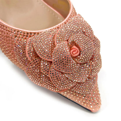 Italian Design Evening Shoes And Bags Paired With Handmade Petal Gold Colour Pointed Toe Mid-Heel Shoes For Women Party Shoes