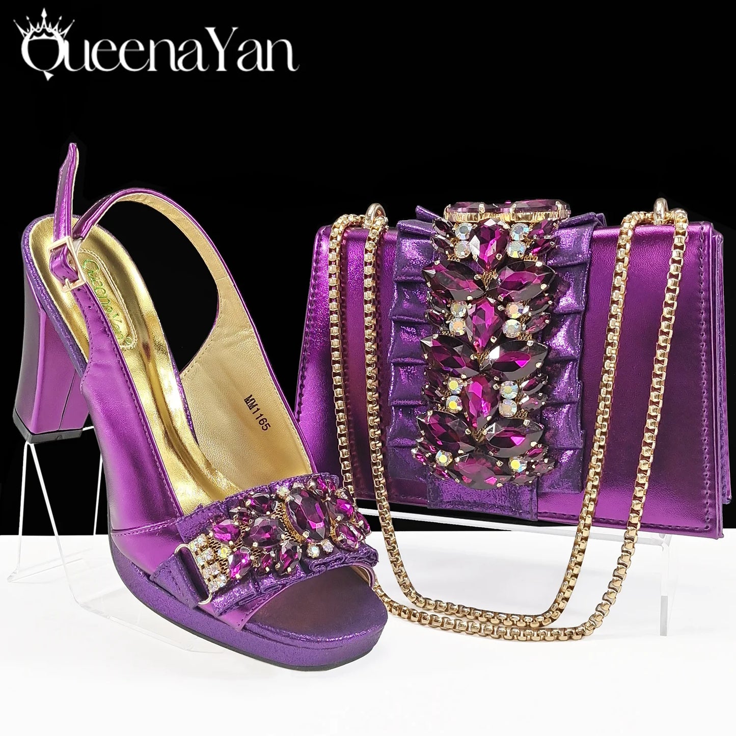 Queena Yan New Arrival Mature Elegant Silver Color Rhinestore Design Party Wedding Lady Shoes and Bag Set for Platform Design