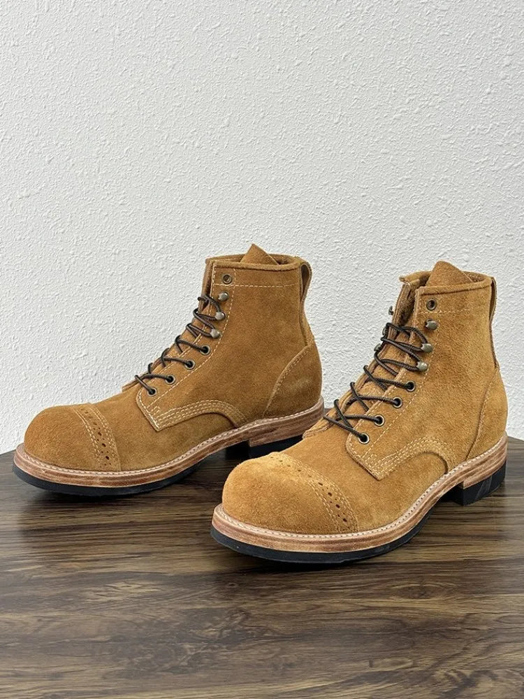 Handmade Solid Color Genuine Leather Hard-Wearing Lace-Up Ankle Boots Retro Male Cow Suede Round Toe Platform High Top Shoes