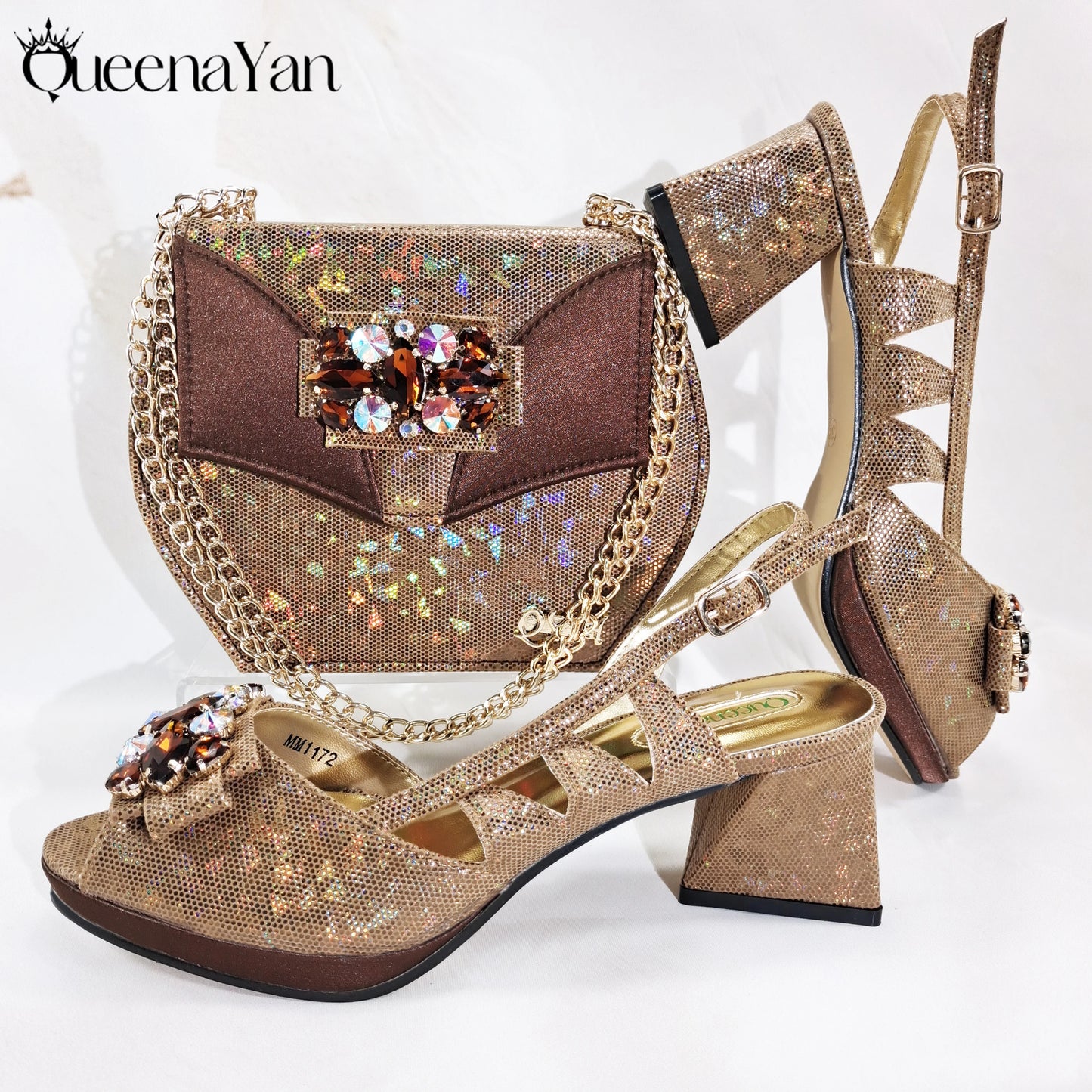 Queena Yan New Arrival  Special Synthetic Fabrics Design Teal Color Women's Matching Shoe and Bag Set  for Weddings and Parties