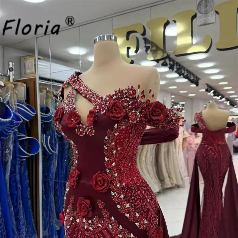 Special Dark Red Beads Party Dress Mermaid 3D Flower Crystal Wedding Gown with Side Train Formal Prom Dress Plus Size Customized