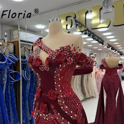 Special Dark Red Beads Party Dress Mermaid 3D Flower Crystal Wedding Gown with Side Train Formal Prom Dress Plus Size Customized