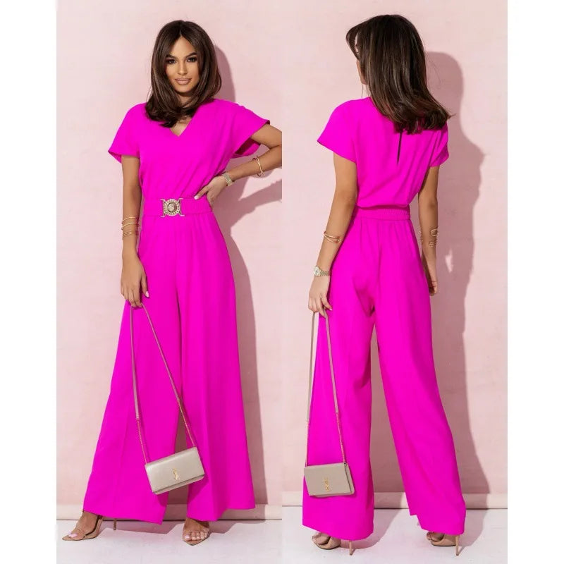 Jumpsuits women 2026 rompers new summer solid color short-sleeved V-neck wide-leg jumpsuits women's clothing
