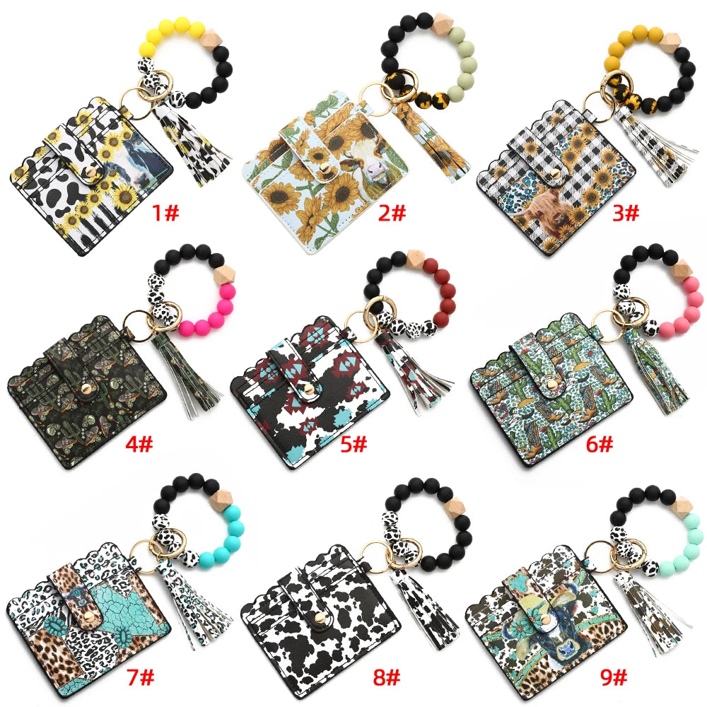 Bull Silicone Beads Bracelet Pu Leather Purse Leopard Print Tassel Cow Wallet Keychain Silicone Beaded ID Card Holder Keychain