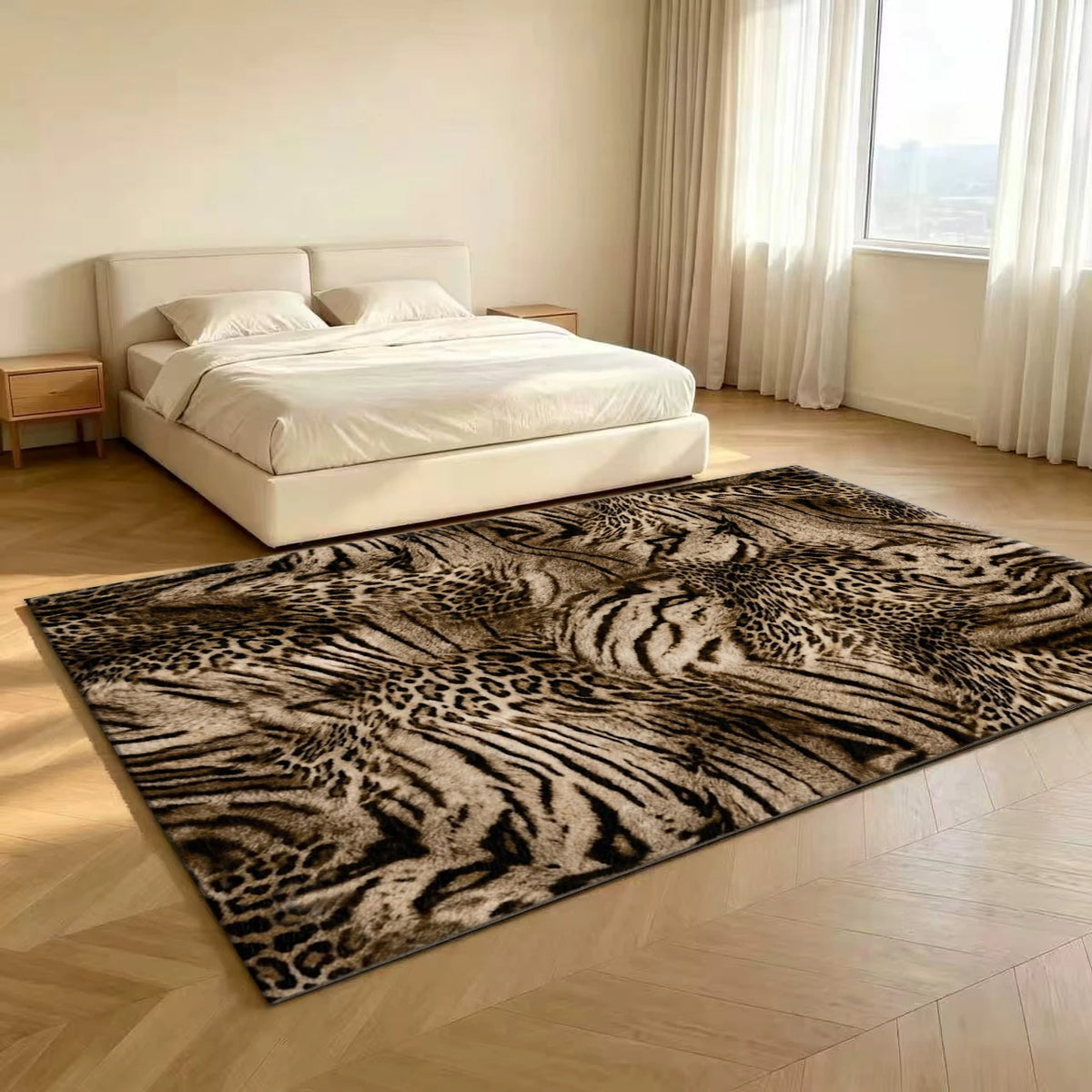 Animal Print Leopard Zebra Mix Area Rug Brown Beige Non‑Slip Carpet Floor Mat for Living Room Bedroom Home Decor