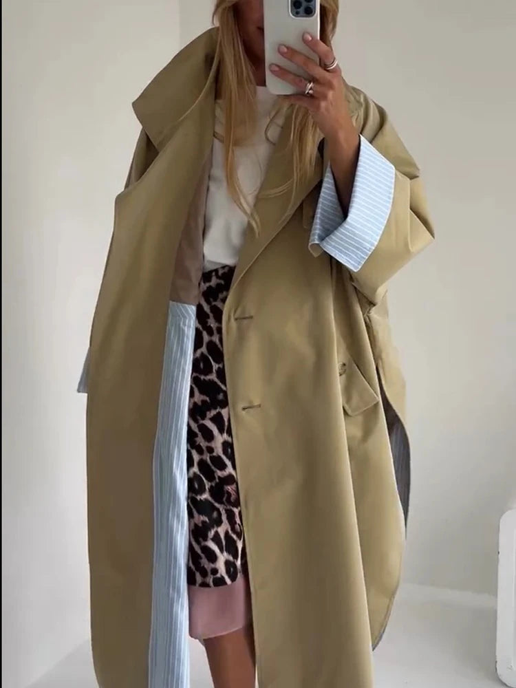 Women Khaki Long Color-block Stripe Trench Coat Wide Lapel Loose Drop Shoulder Blue Lining Slit Windbreaker Commute Outing Coats