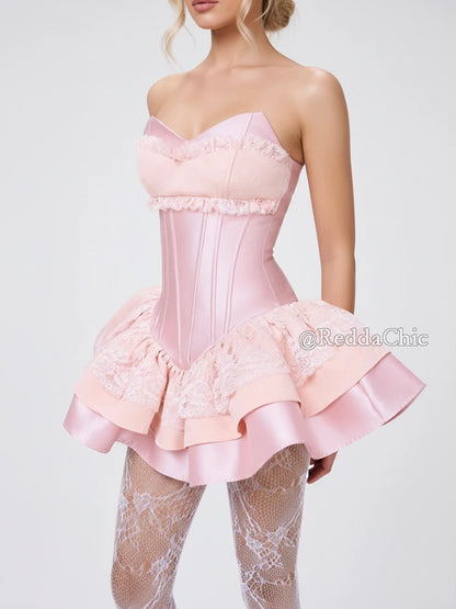 REDDACHiC Tiered Ruffle Mini Party Dress Lolita OP Lace Splice Satin Corset Boned Strapless Desire One-piece Party Women Clothes