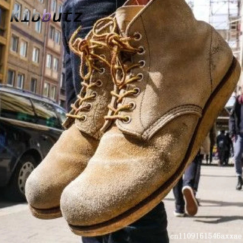 Yellow Street Style High-Top Suede Work Ankle Boots Men's Lace Up Flat Shoes Outdoor Trendy Versatile Daily Casual Short Boots