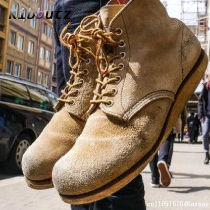 Yellow Street Style High-Top Suede Work Ankle Boots Men's Lace Up Flat Shoes Outdoor Trendy Versatile Daily Casual Short Boots