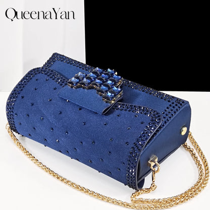 Queen Yan New Arrival Mature Style Embroider and Rhinestone Design Party Wedding Pointed Toe High Heel and Bag Set in Navy Blue