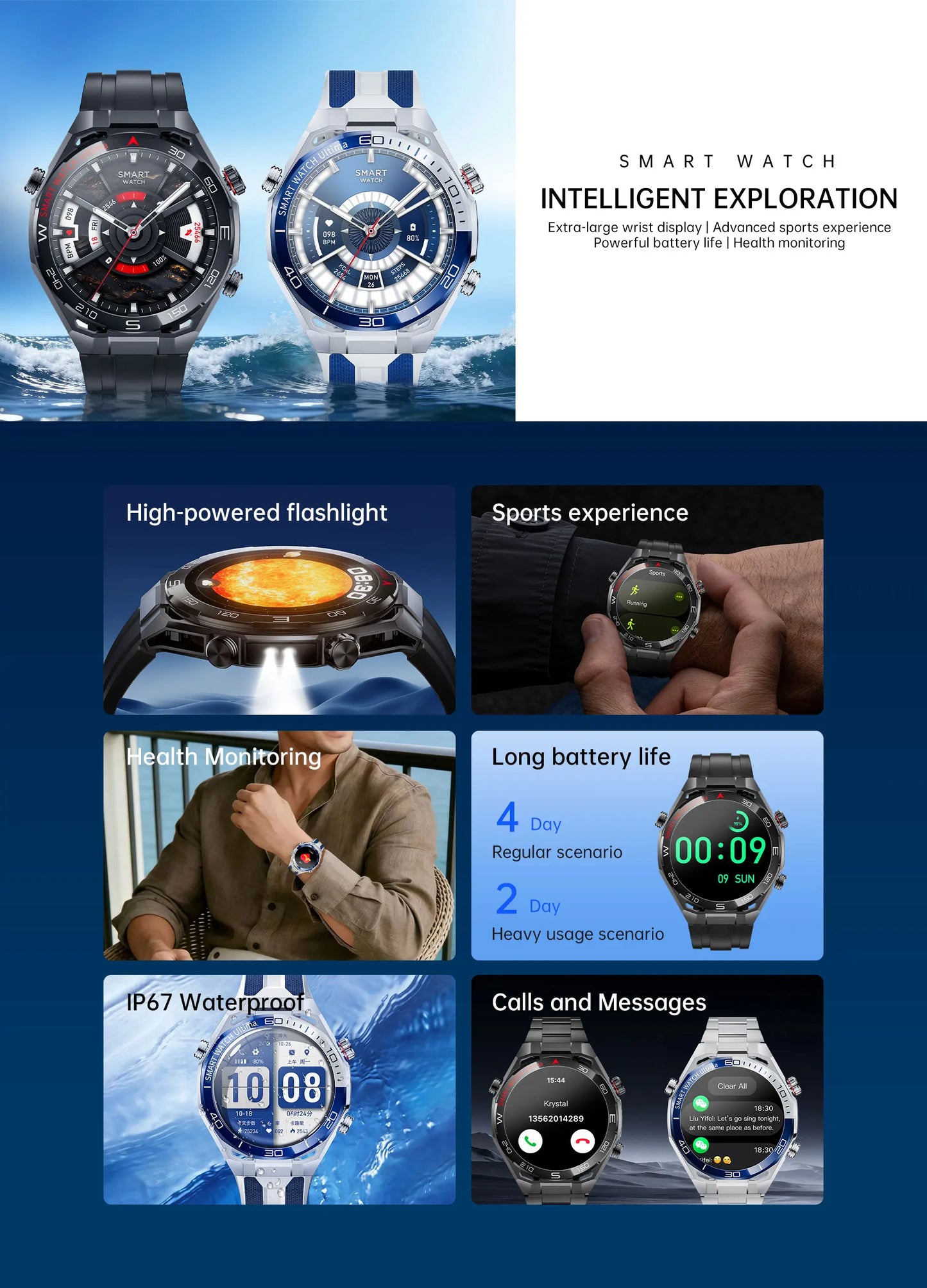 Men Smart Watch Amoled HD Screen Outdoor Sport Tracker Health Monitoring LED Flashlight Bluetooth Call AI Voice SK55 Smartwatch