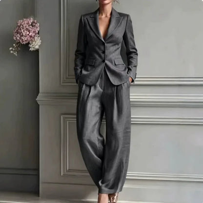 Autumn New Women's Long-sleeved Suit Shirt 2-piece Set Fashion Pocket Suit Collar Slim Temperament Female Office Trousers Suit