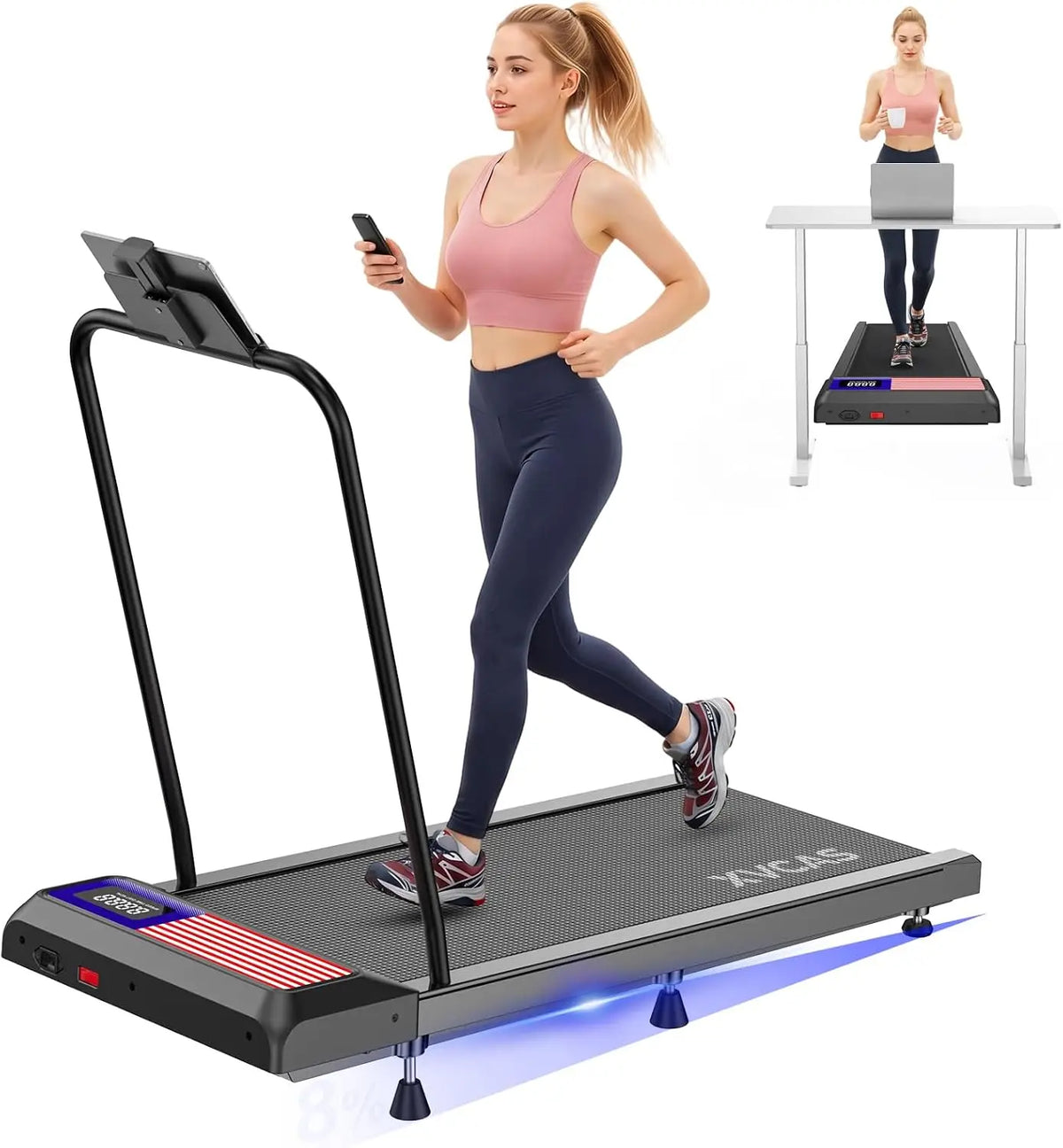 Compact Quiet Under Desk Treadmill with Incline & Handlebar - Ideal for Running, Walking, and Under-Desk Use in Home and Office Settings