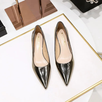 Women Comfortable 3.5cm High Heels Shallow Pointed Toe Work Pumps Lady Glossy Leather Low Heels 2024 Luxury Brand Designer Shoes