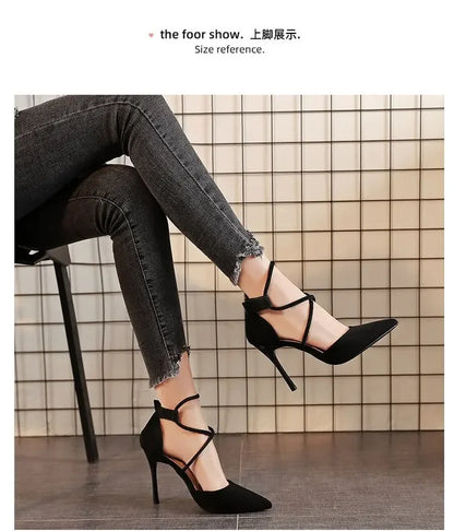 New Cross-strap Roman Sandals Suede High Heels Women's Shoes One-line Buckle Fine Heel Pointed Sandals Zaptos Mujer