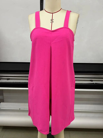 Women Sleeveless Strap Short Romper Heart Neck Pleated Wide Leg Jumpsuit With Pockets Loose Summer Casual Beach Vacation Outfit