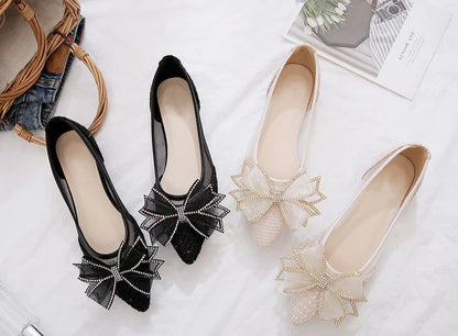Women's Flat Mesh Shoes Diamond with Bow Pointed Toe Ladies Footwear Casual Non Slip Luxury Brand Elegant and Fashionable Y2k On