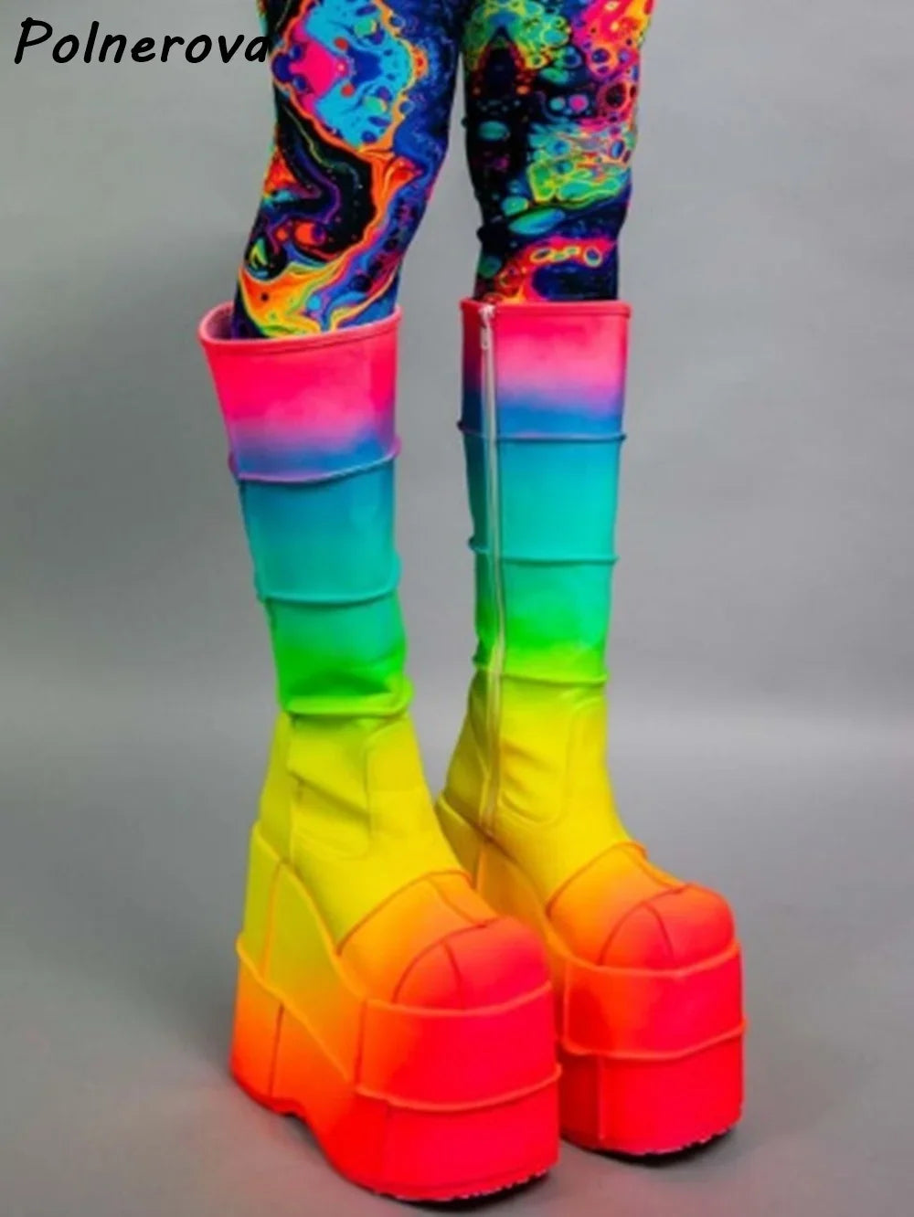 Double Platform Knee High Boots Rainbow Patchwork Round Toe Thick Soled Women's Shoes Women's Fashion Sexy Leather Winter Boots