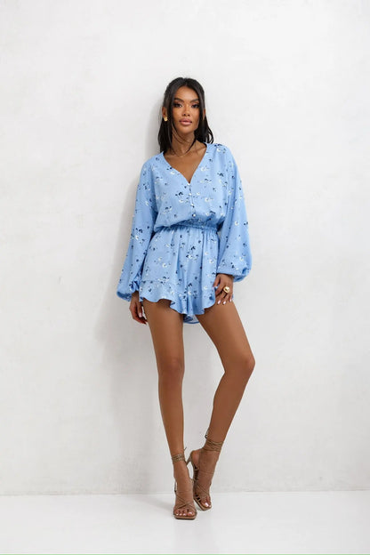 Fashion Print Jumpsuit V-neck Buttons Long Sleeves High Waist Spliced ruffle Slim Shorts Jumpsuits For Women Spring New Style