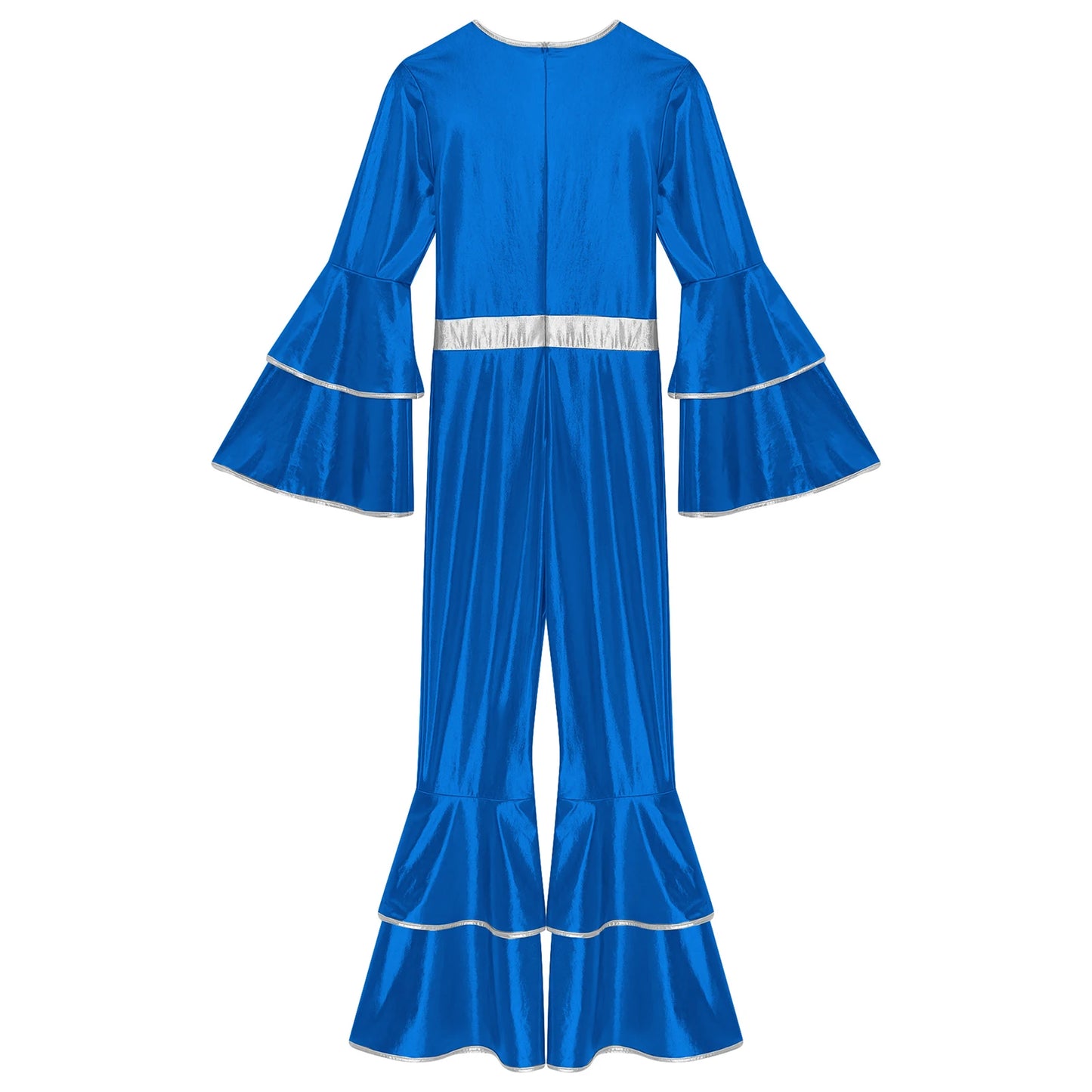 Womens 70S Disco Vintage Jumpsuit Metallic Shiny Flare Sleeve Bodysuit Hippie Bell Bottom Jazz Dance Carnival Rave Party Costume