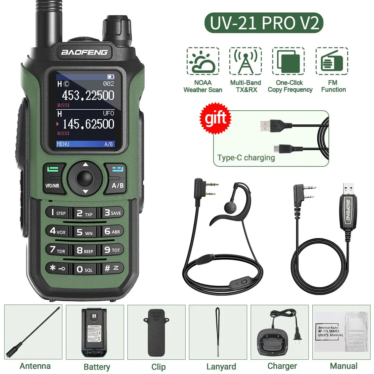 Baofeng UV-21 PRO Walkie Talkie Wireless Copy Frequency 16 KM Long Range TYPE-C V2 Two Way Radio Ham CB Radio UV-5R UV-17