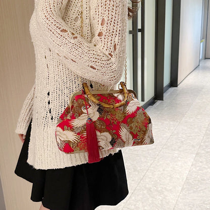 Designer Bamboo Handle Handbag Retro Embroidery Women Evening Bag High-end Nylon Crossbody Bag Luxury Lady Shoulder Bags Satchel