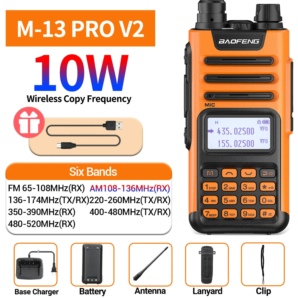 Baofeng M-13 Pro V2 Air Band Walkie Talkie Long Range Wireless Copy Frequency Multi Band NOAA Type-C AM Two Way Radio