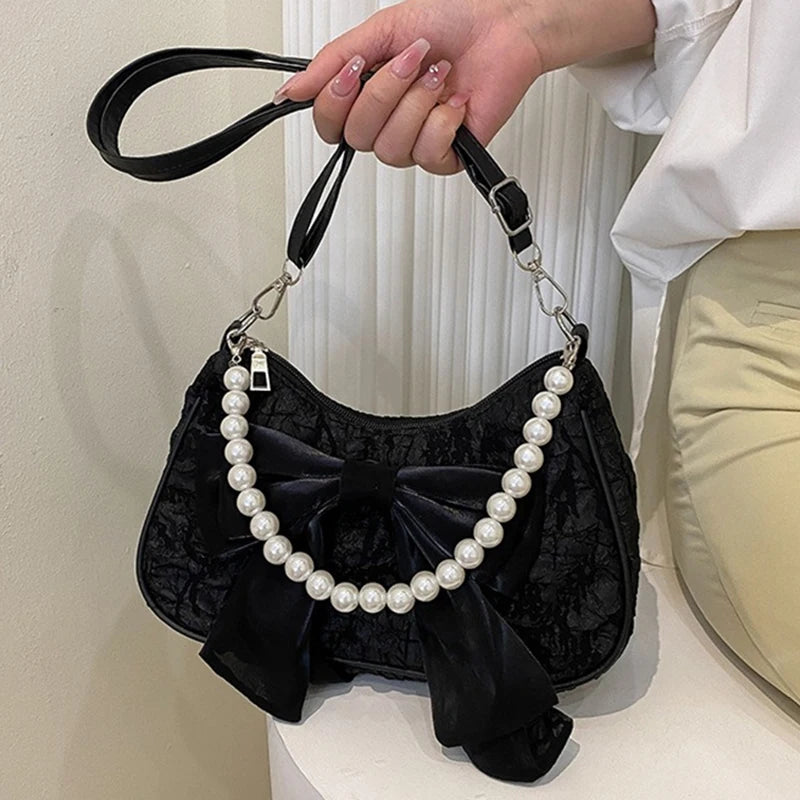 White Folds Pearl Female Bag Retro Luxury Designer Handbag Bow Crossbody Bags Fashion Y2K Vintage Women's Shoulder Bag Purses