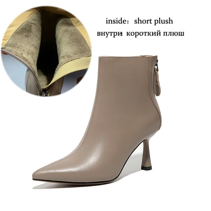 Krazing Pot Big Size 42 Cow Leather Pointed Toe High Heels Chic Design Concise Winter Spring Shoe Dress Warm Wedding Ankle Boots