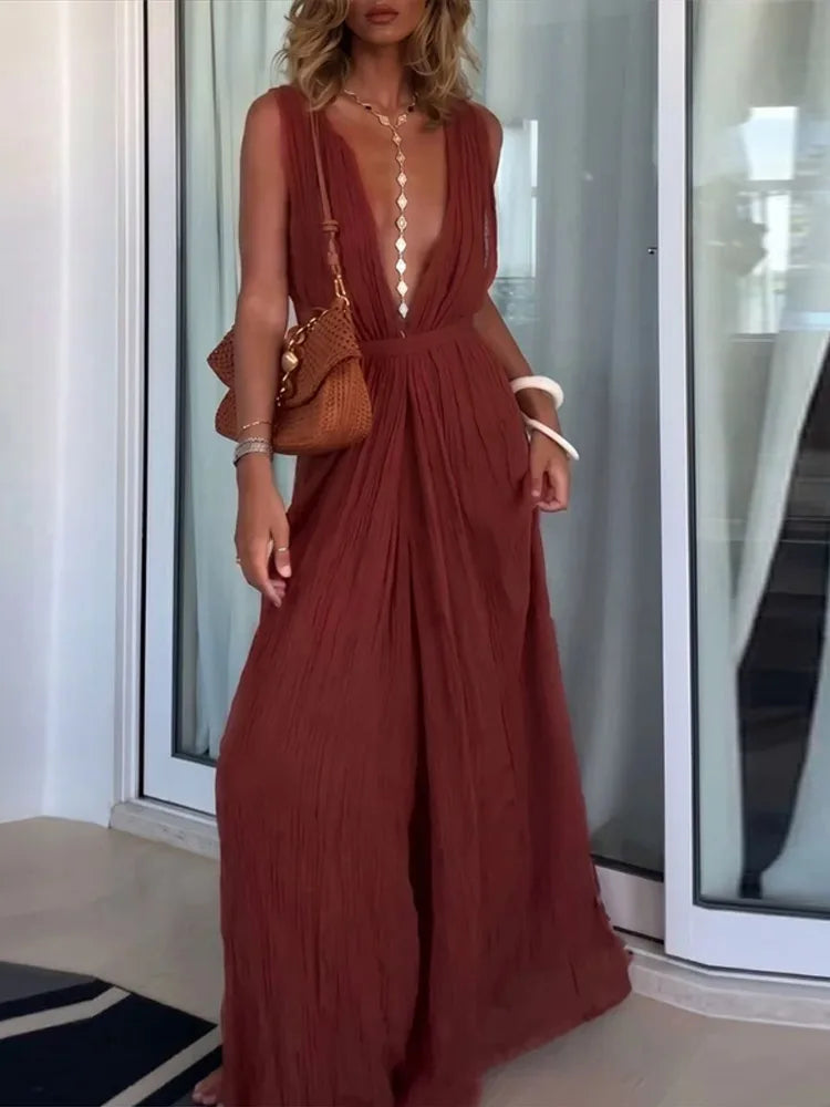 Sexy Women's Jumpsuit Deep V-neck Sleeveless Wide Leg Female Solid Jumpsuits 2026 Summer Fashion Chic Beach Vacation Lady Outfit
