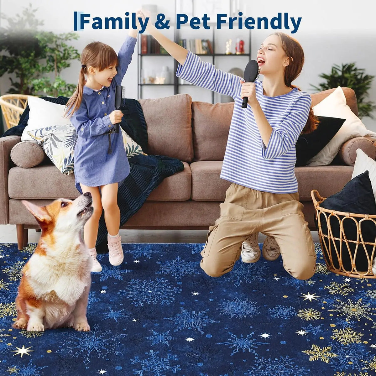 Garvee 2x6inch Christmas Washable Area Rug Non-Slip Area Rugs Soft Soft Fabric Blue Carpet with Snowflake Design for Holiday Home Decor Low Pile, Durable, Pet Friendly