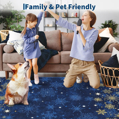 Garvee 2x6inch Christmas Washable Area Rug Non-Slip Area Rugs Soft Soft Fabric Blue Carpet with Snowflake Design for Holiday Home Decor Low Pile, Durable, Pet Friendly
