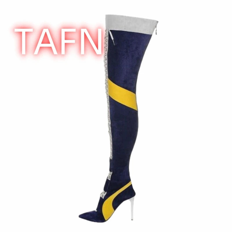 Women Patchwork Suede Leather Thigh High Boots Stiletto Heel Over Knee Boots Belt Slim Long High Heels Club Dress Party Shoes