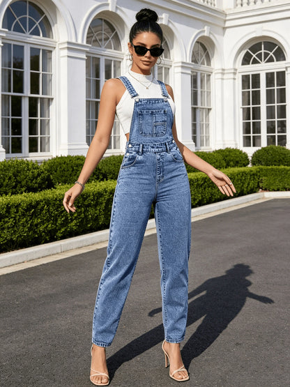 Women Non-Stretch Mid Rise Denim Overalls Fashion Pocket Slim Cargo Jumpsuits Blue Streetwear Straight Leg Denim Long Pants