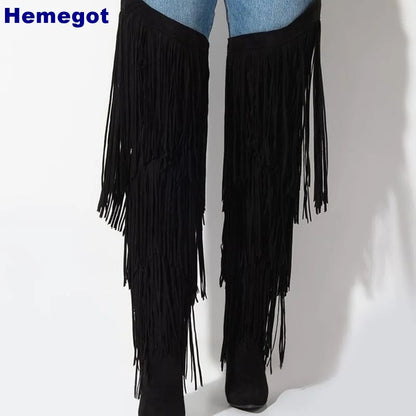 2025 Fashion Ladies Over Knee Belt Tassel Boots Autumn Winter Stiletto Stage Catwalk Model Boots Snake Pattern Street Sexy Boots