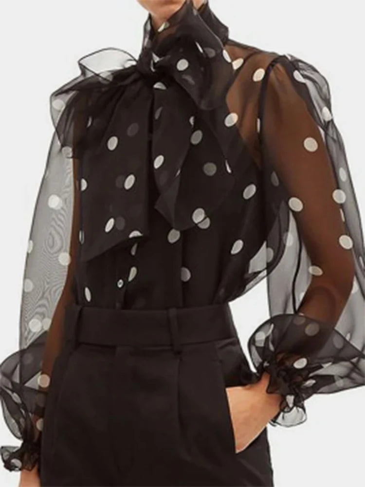 Fashion Women Polka Dot Print Shirt Office Lady Casual Elegant Chic Blouse Lace-up Bow Long Sleeve Loose Top 2025 Ropa Mujer